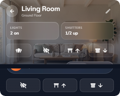 A room page with its four global command buttons — Phone layout.