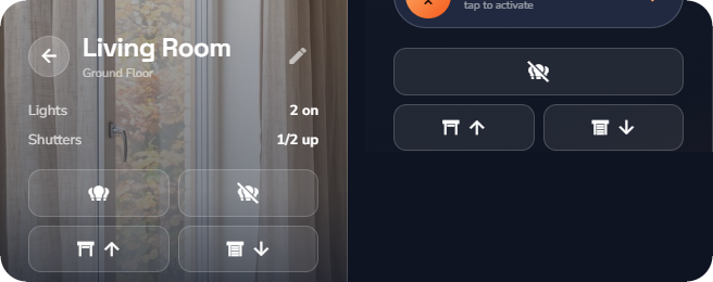 A room page with its four global command buttons — Tablet layout.