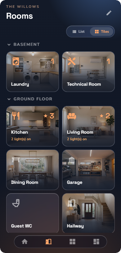 Rooms page in tiles mode — Phone layout.