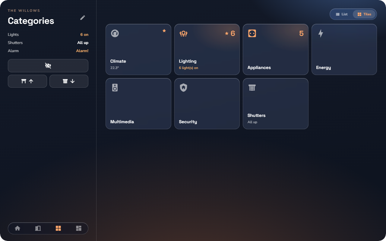 Categories page in tiles mode — Tablet layout.