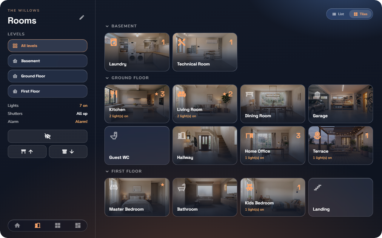 Rooms page in tiles mode — Tablet layout.
