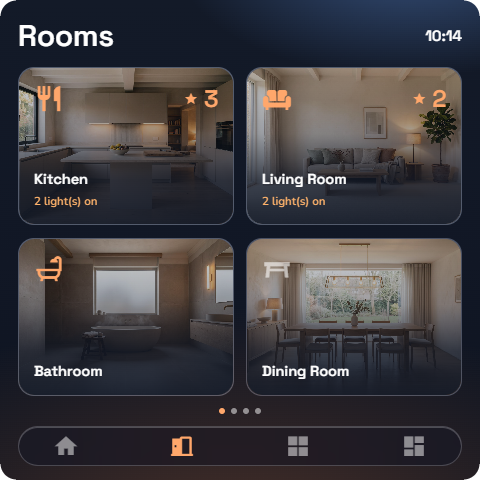 Rooms page in tiles mode — Wall panel layout.