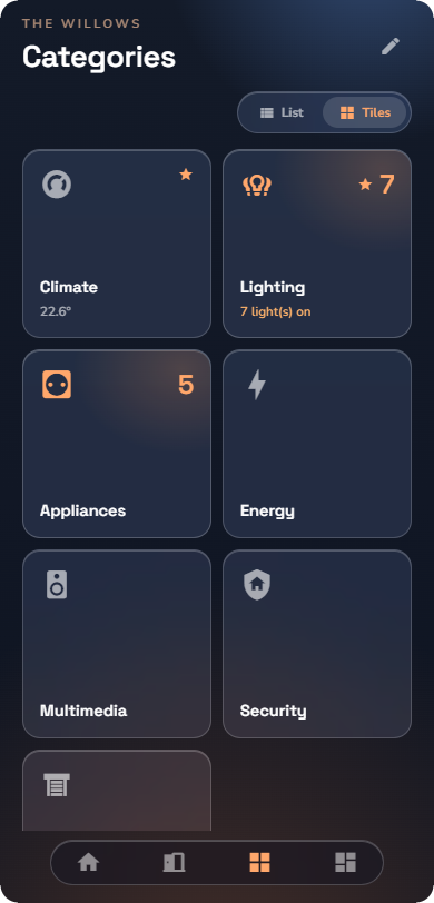 Categories page in tiles mode — Phone layout.