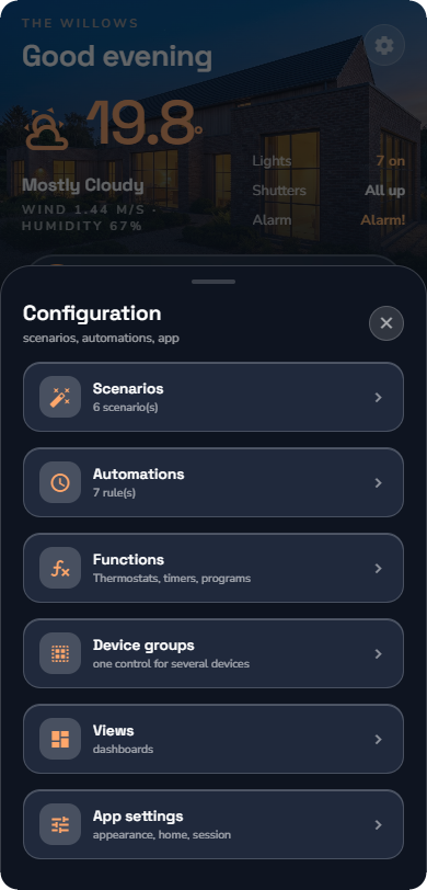 Configuration sheet, listing Scenarios, Automations, Functions, Device groups, Views and App settings, each with an icon and a subtitle — Phone layout.